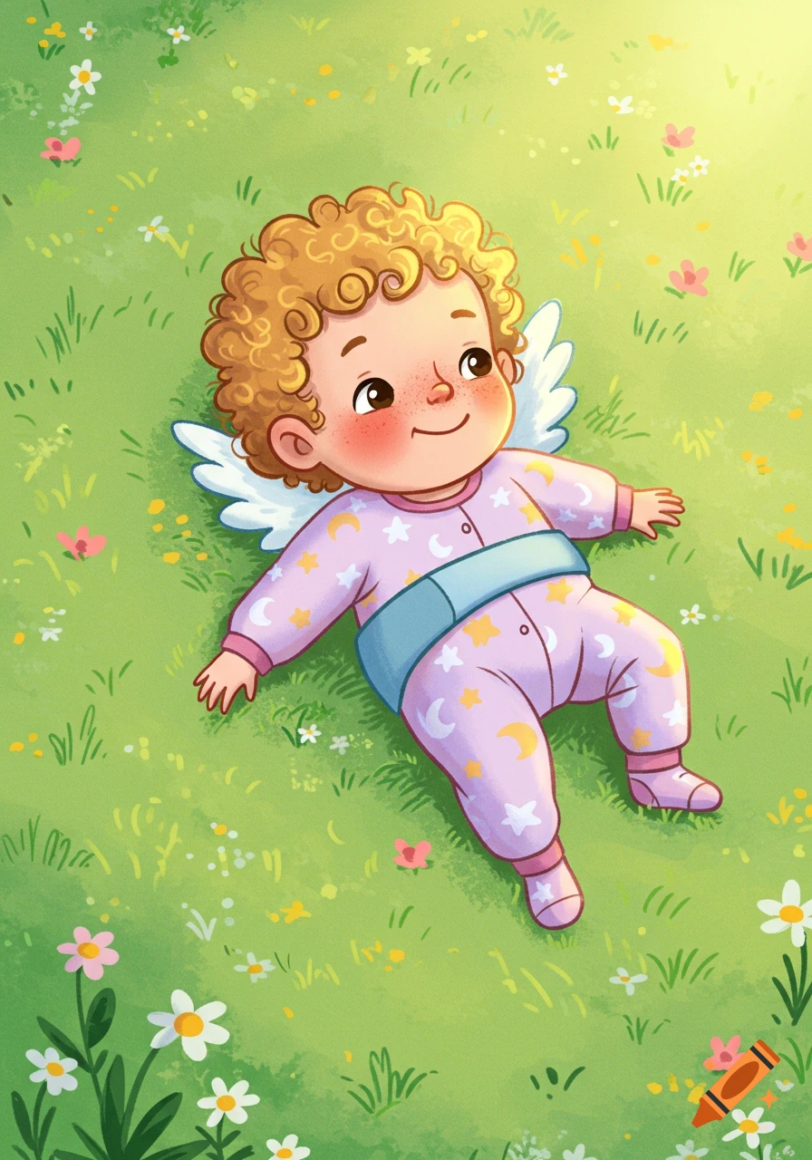A cute cartoon baby with curly blonde hair and small wings, wearing a pink onesie, lies on its back in a field of green grass and flowers.