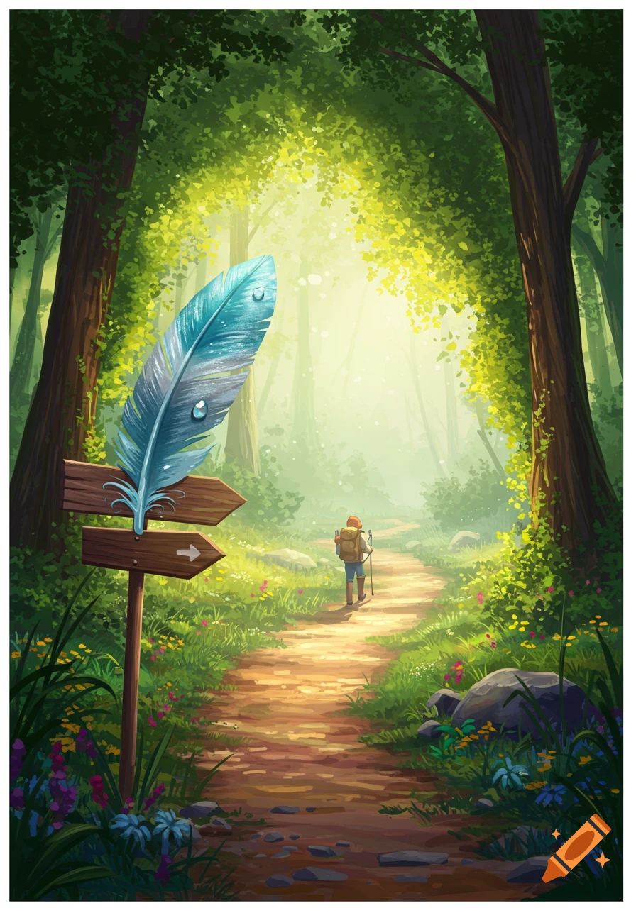 An illustrative scene of a person hiking on a sun-dappled forest path past a signpost with a large blue feather.
