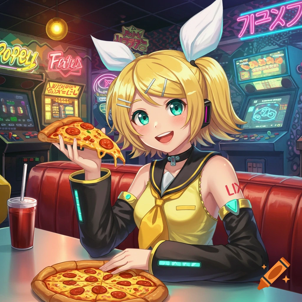 Anime girl with blonde pigtails and a sailor uniform eating pizza in a neon-lit arcade booth.