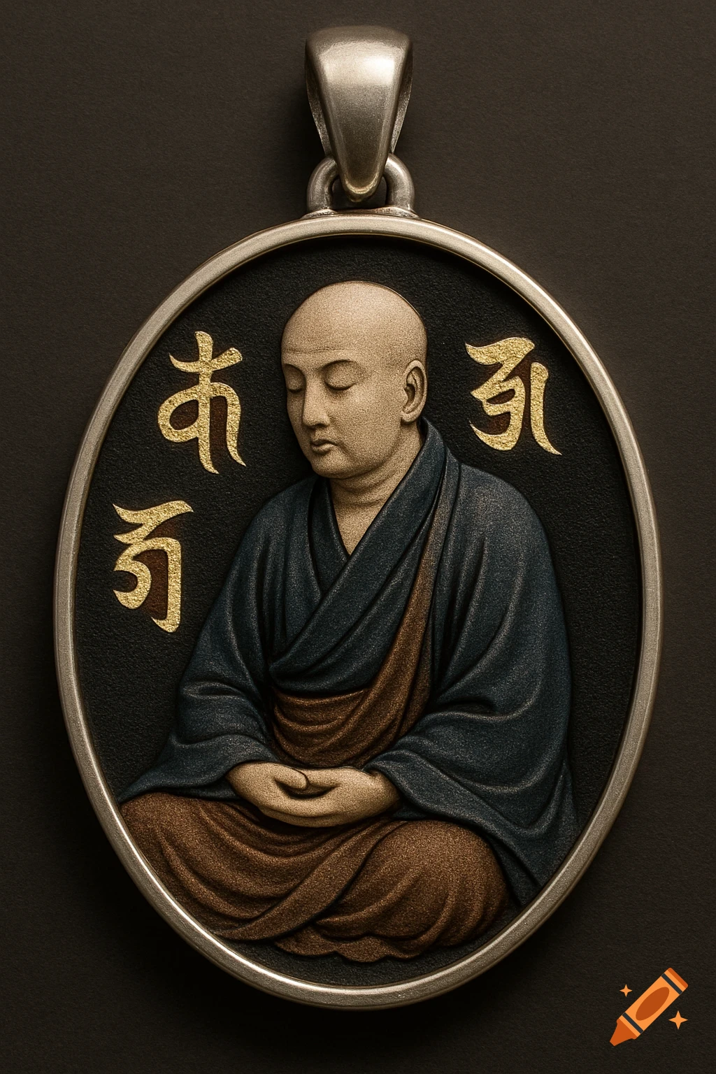 A highly detailed silver pendant featuring a meditating Buddhist monk figure and gold Sanskrit characters in relief.