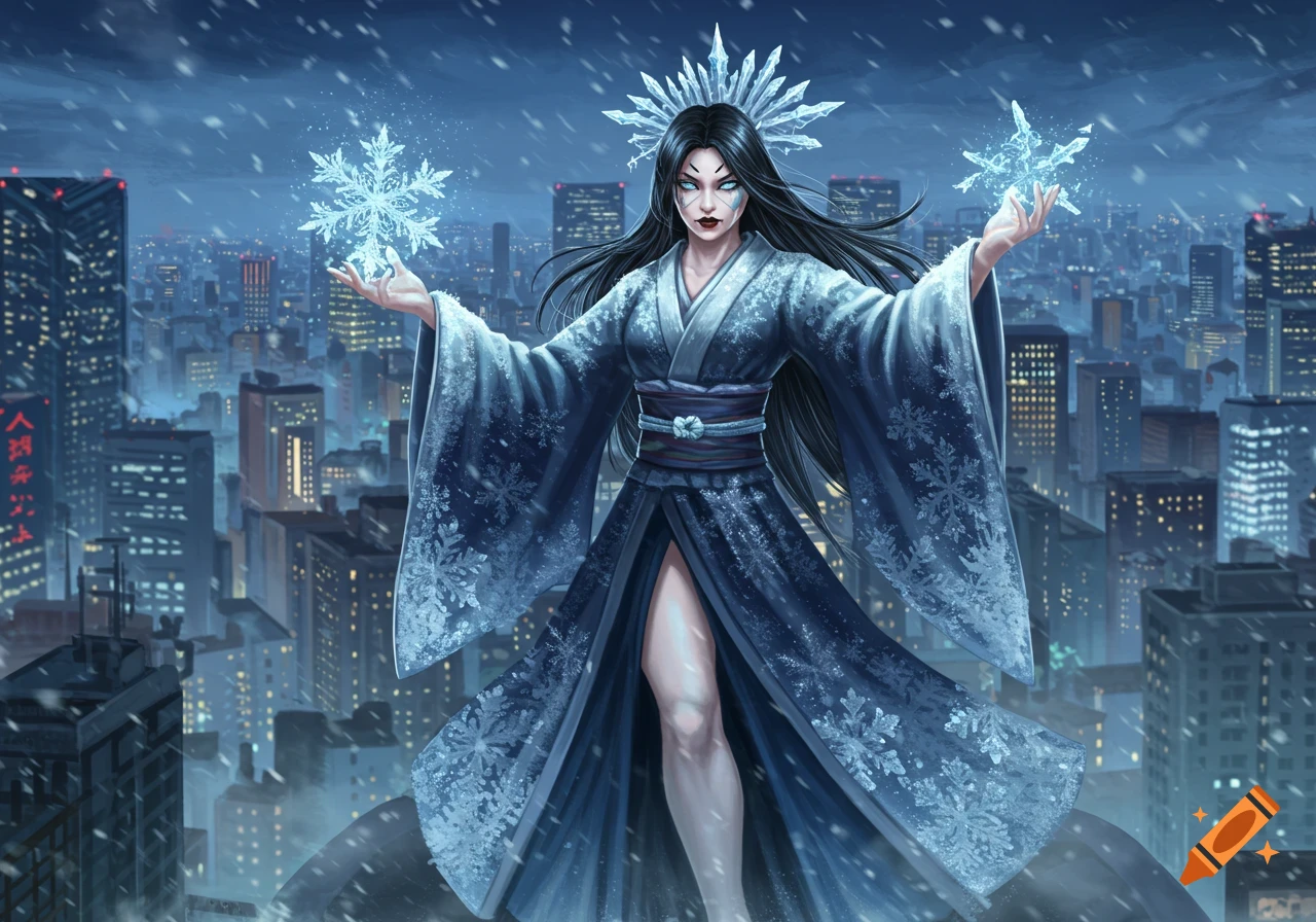 A dark-haired female ice supervillain in a kimono stands over a snowy cityscape, holding glowing snowflakes.