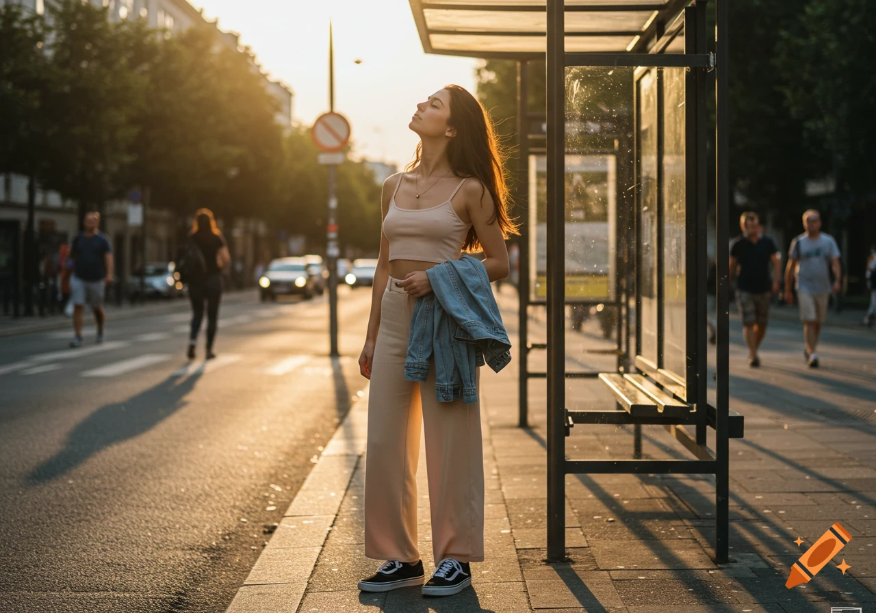 A woman in beige palazzo pants and a crop top stands at a bus stop during sunset, holding a denim jacket.