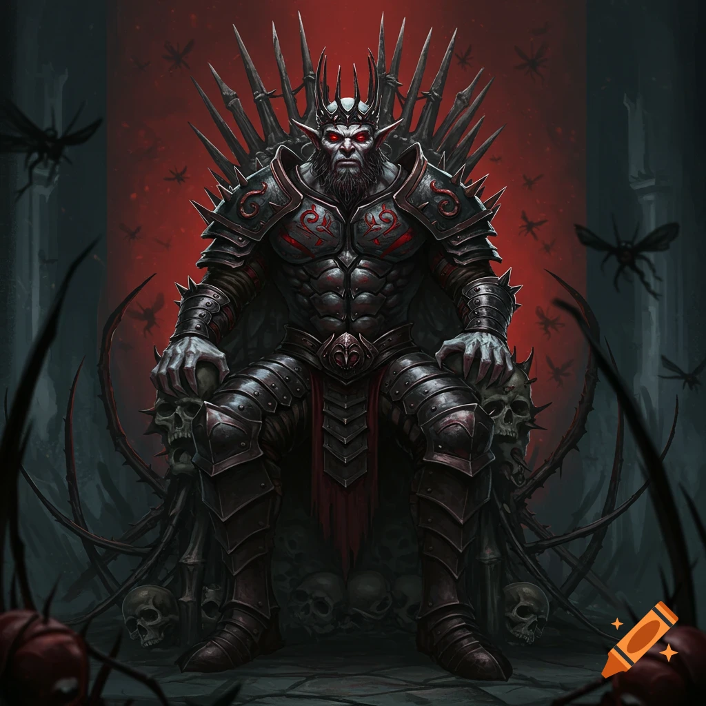 A menacing dark fantasy king with red eyes and a spiky crown sits on a throne made of skulls, against a blood-red background with flying insects, in a detailed illustration.