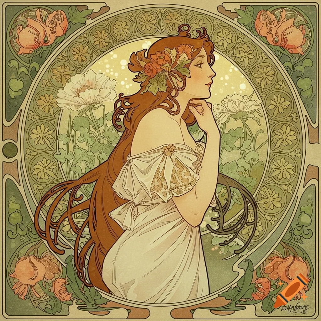 Art Nouveau portrait of a woman with long flowing auburn hair adorned with flowers, looking right within an ornate floral border.
