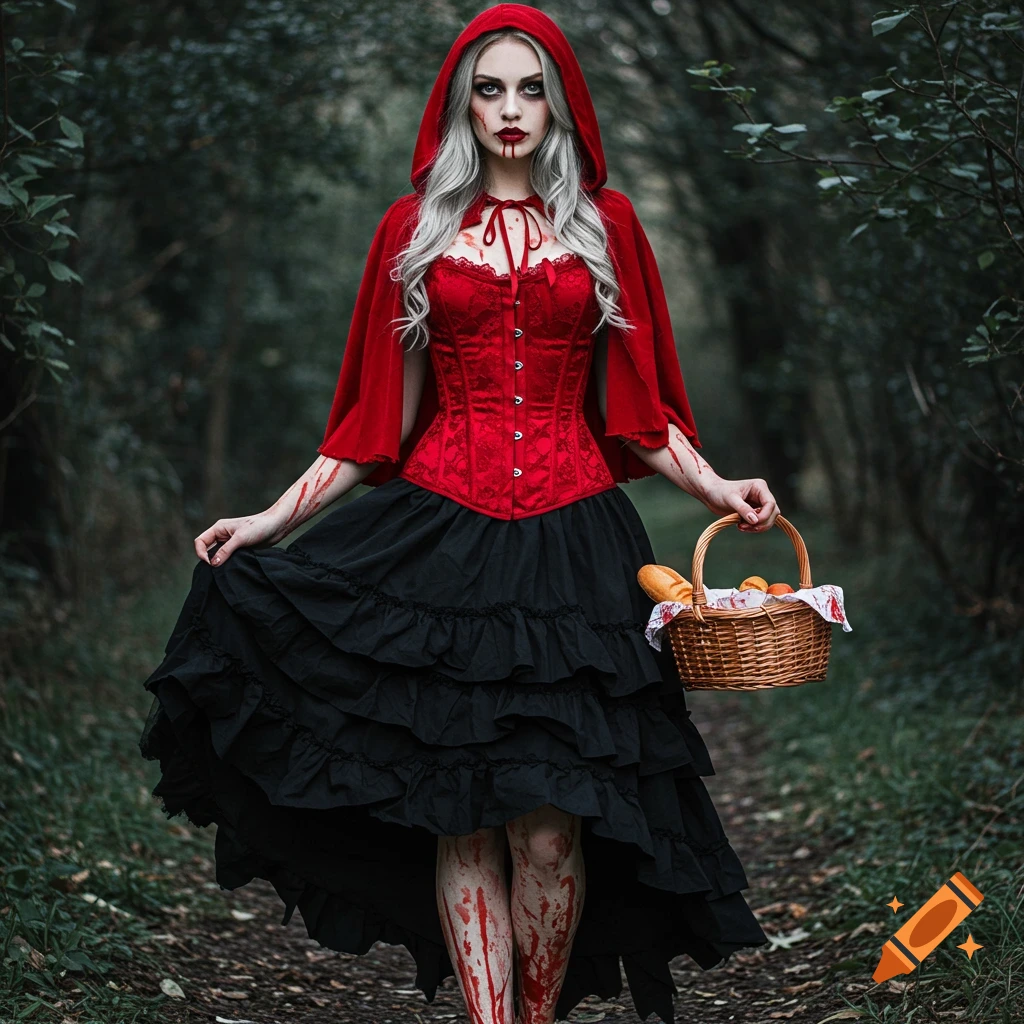 A pale woman with grey hair dressed as a dark Little Red Riding Hood in a red corset, black skirt, and red cape, covered in fake blood, walks through a forest path carrying a basket.