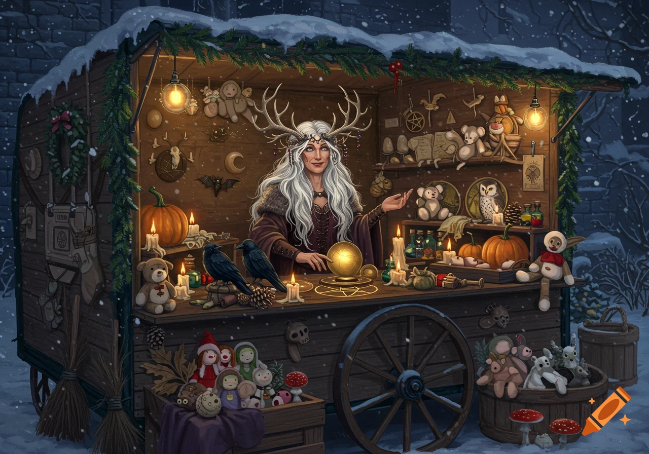 A white-haired witch with antlers sits at a snowy medieval Christmas market stall, surrounded by pumpkins, candles, stuffed animals, and magic items.