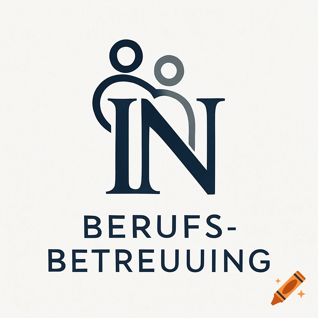 A modern logo featuring the dark blue letters 'IN' intertwined with abstract human figures, above the word 'BERUFS-BETREUUNG', all on a light off-white background.