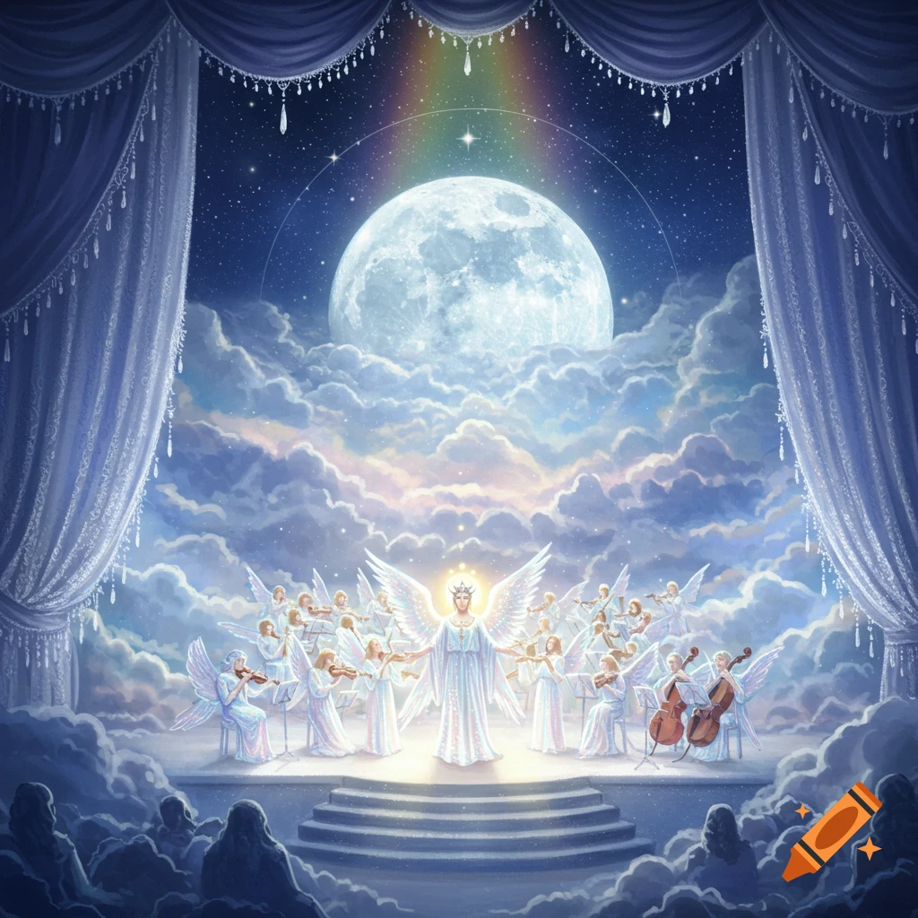 A fantastical scene of an angelic orchestra performing on a cloud stage under a giant moon, rainbow, and starry night sky.
