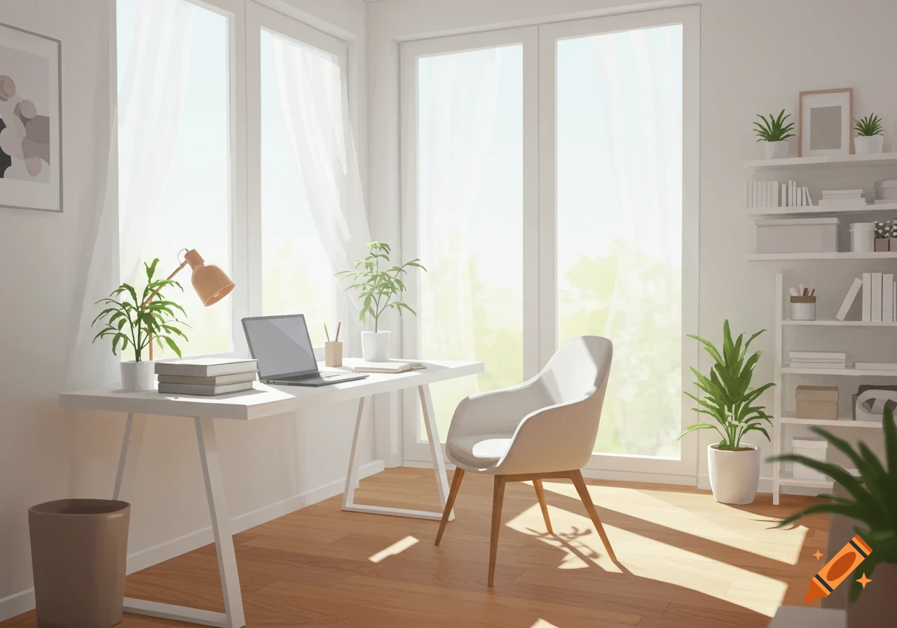 A bright and clean minimalist home office with a white desk, laptop, white chair, and plants next to large windows.