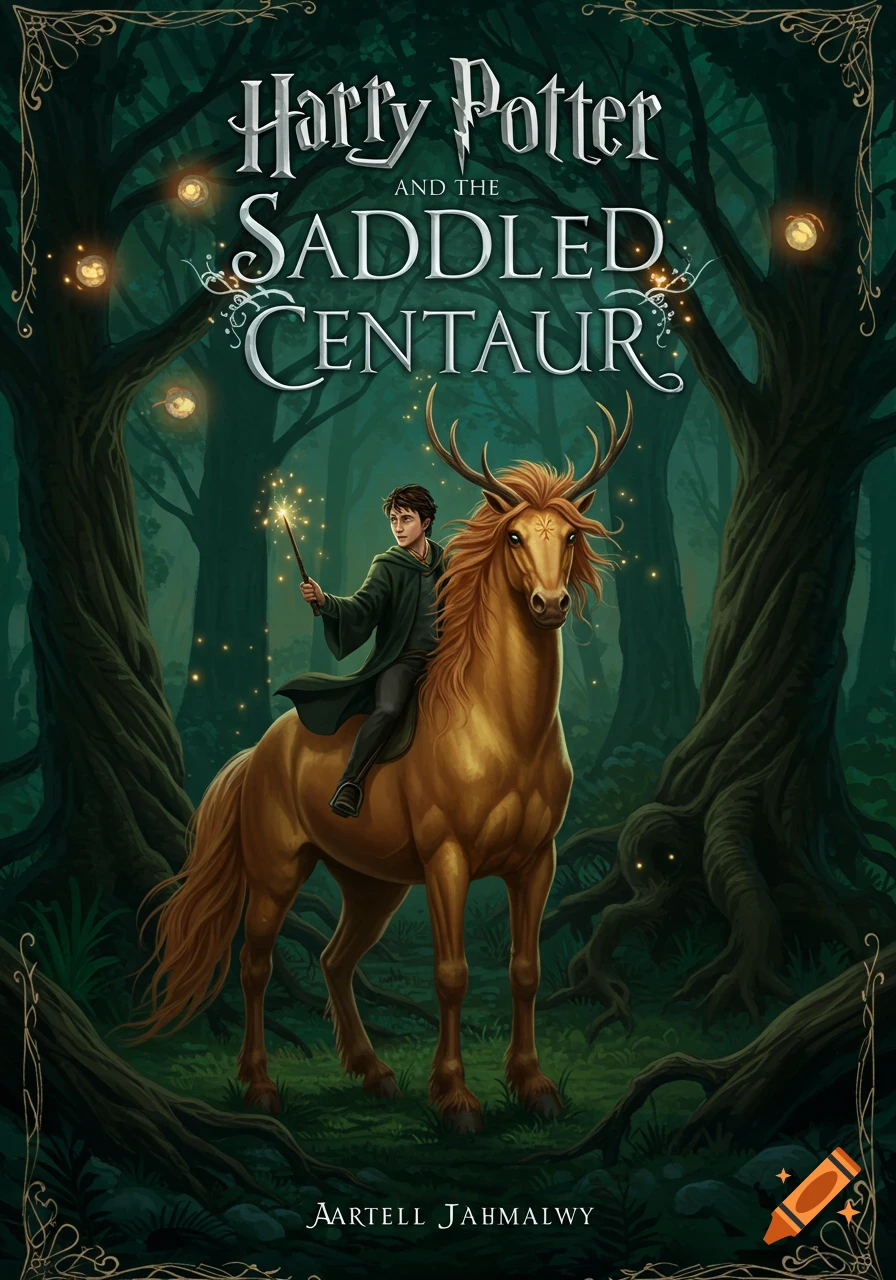 A book cover illustration showing Harry Potter on a saddled, antlered centaur in a dark, magical forest.