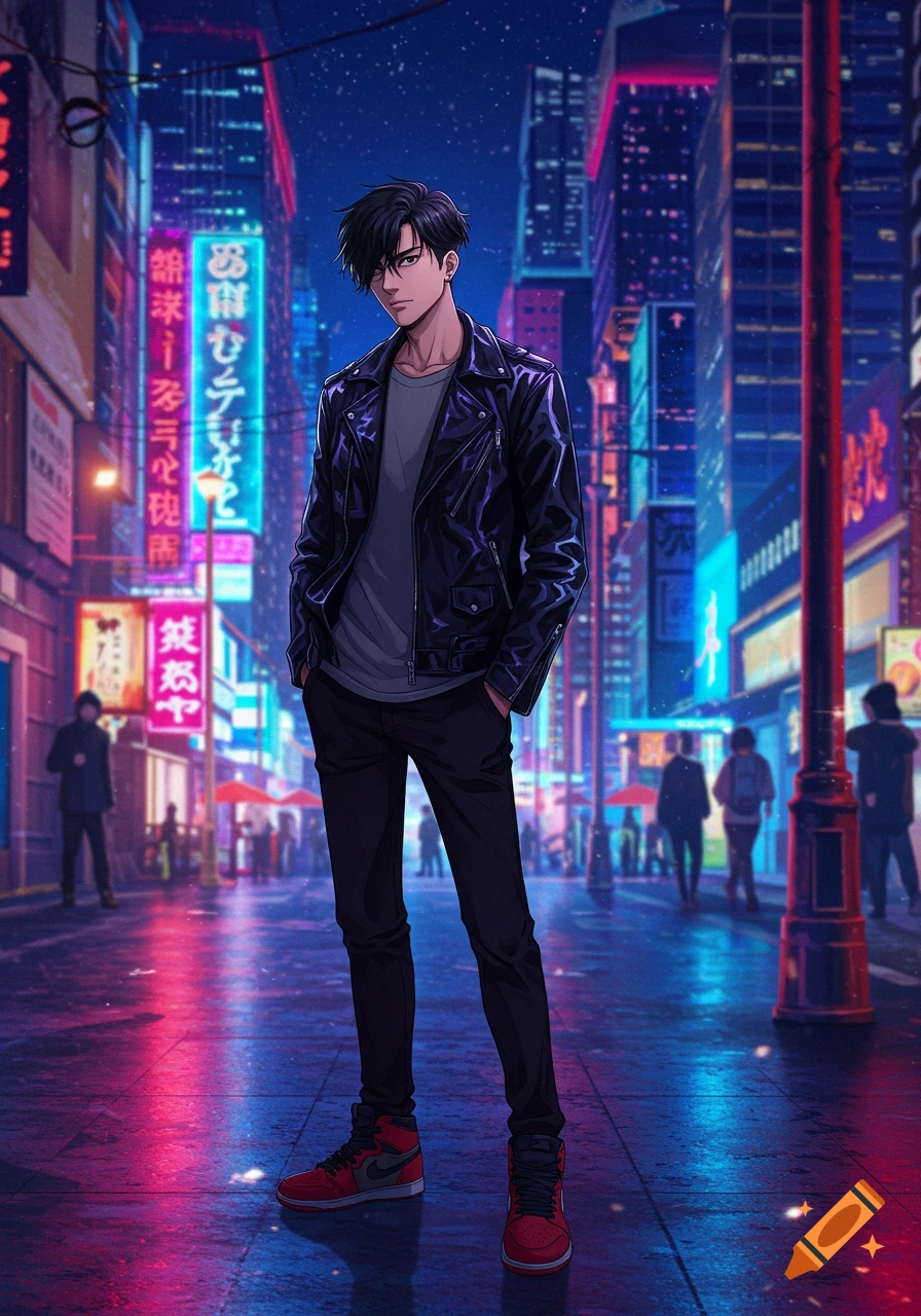 An anime man with black hair, wearing a black leather jacket, gray t-shirt, black pants, and red sneakers, stands on a neon-lit city street at night.