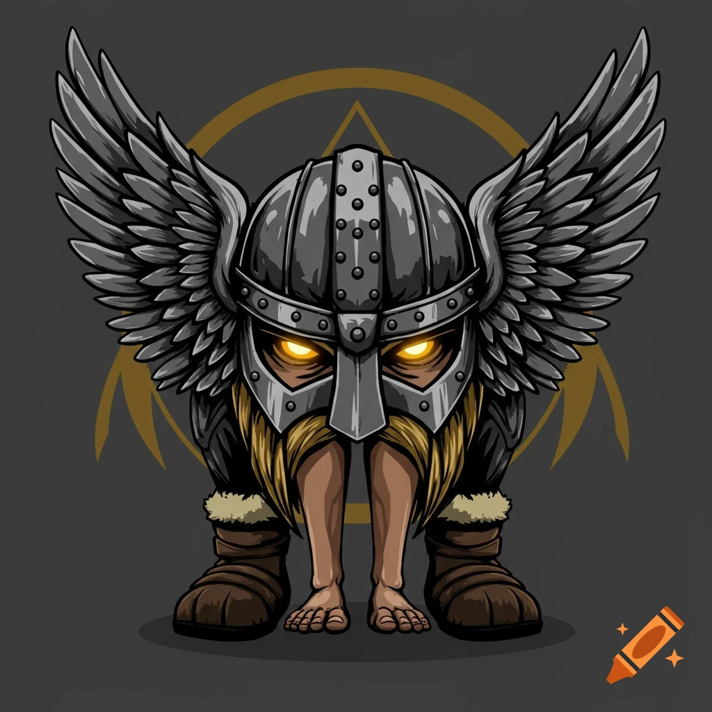 A stylized viking helmet with wings, glowing yellow eyes, a blonde beard, and bare feet, set against a dark background.