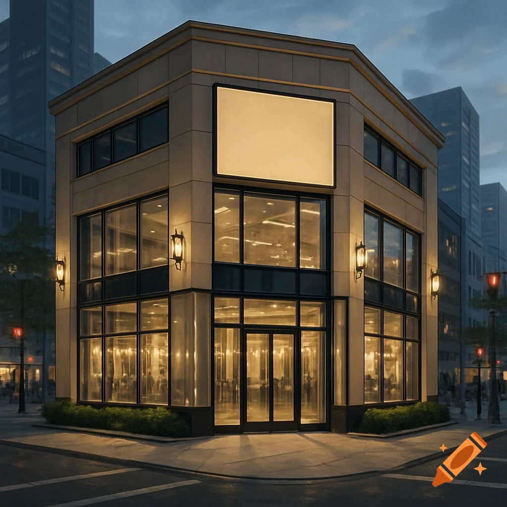 A modern corner commercial building with large glass windows and a blank signboard, illuminated at a city intersection at dusk.