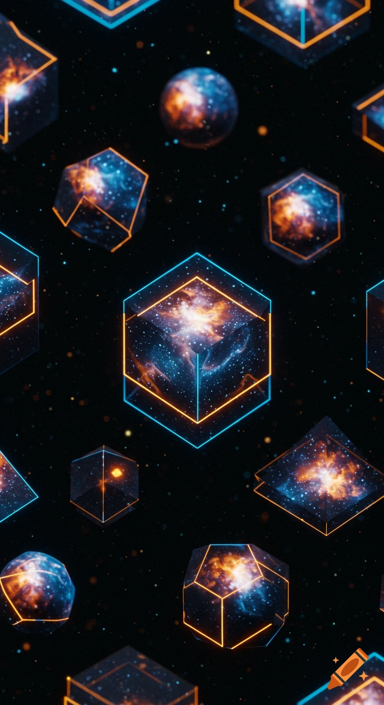 A dark cosmic background with neon-outlined 3D geometric shapes floating in space, each containing a small galaxy.
