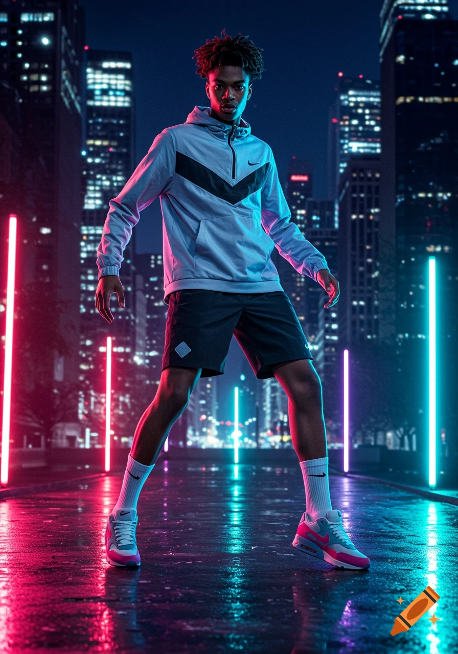 A young man in sportswear and Nike sneakers stands on a wet urban street at night, lit by vibrant neon pink and blue lights.