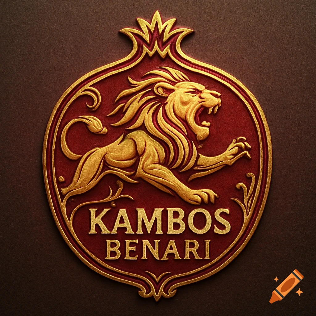 A gold and red embossed logo featuring a roaring lion within a pomegranate-shaped frame, with the text "Kambos Benari".