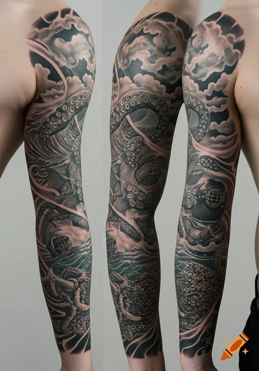 A detailed black and grey full arm sleeve tattoo depicting an ocean scene with an octopus, shipwreck, diving helmet, and clouds.
