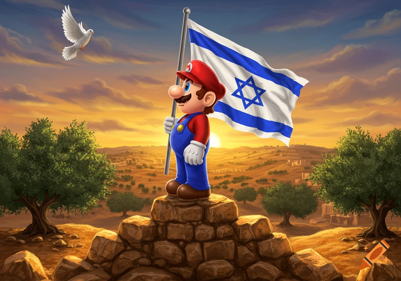 Mario stands on a rocky hill holding a large Israeli flag, with a white dove flying above him against a sunset desert landscape.