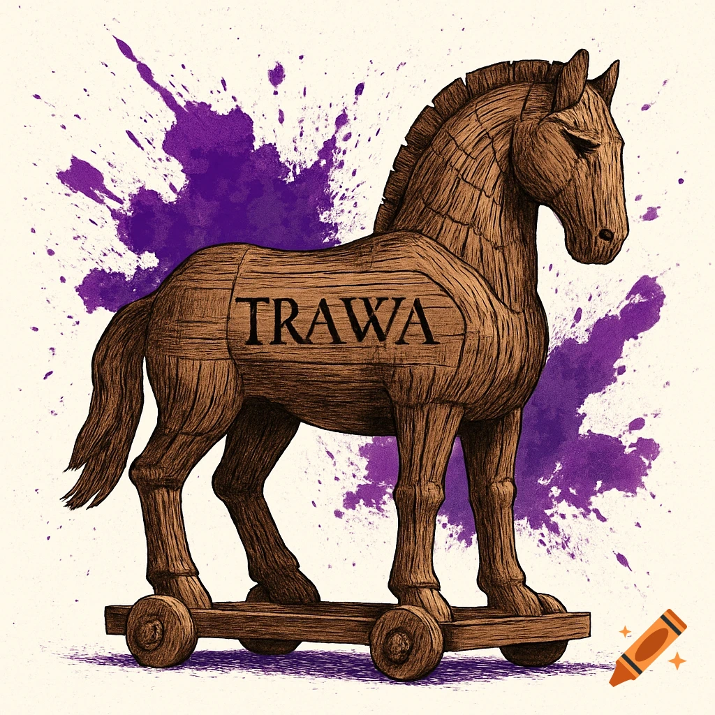 Stylized illustration of a wooden Trojan horse with the word 'TRAWA' on its side, against a white background with purple splashes.