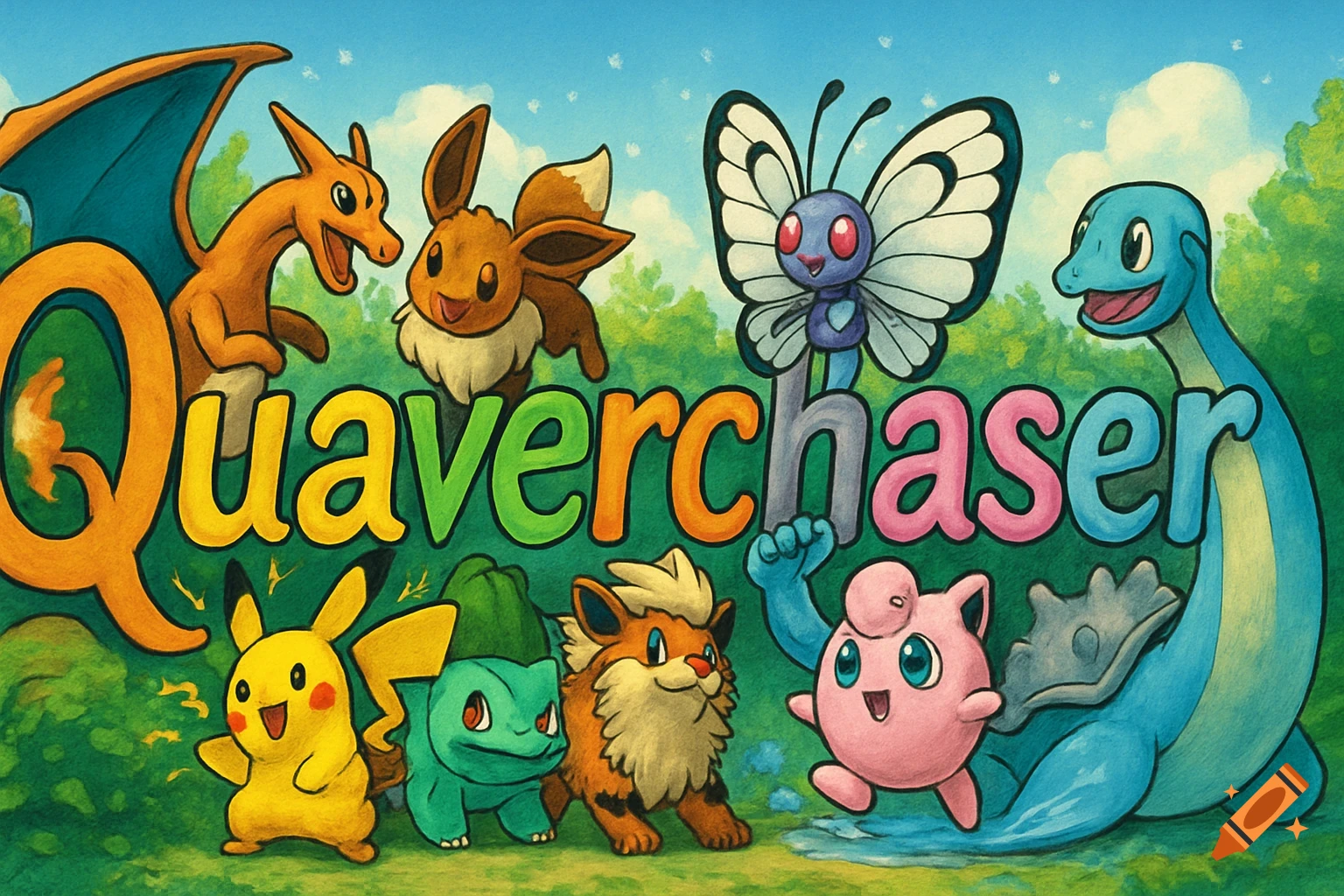 A colorful illustration shows various Pokémon like Charizard, Pikachu, and Lapras surrounding the word 'Quaverchaser' in a forest.