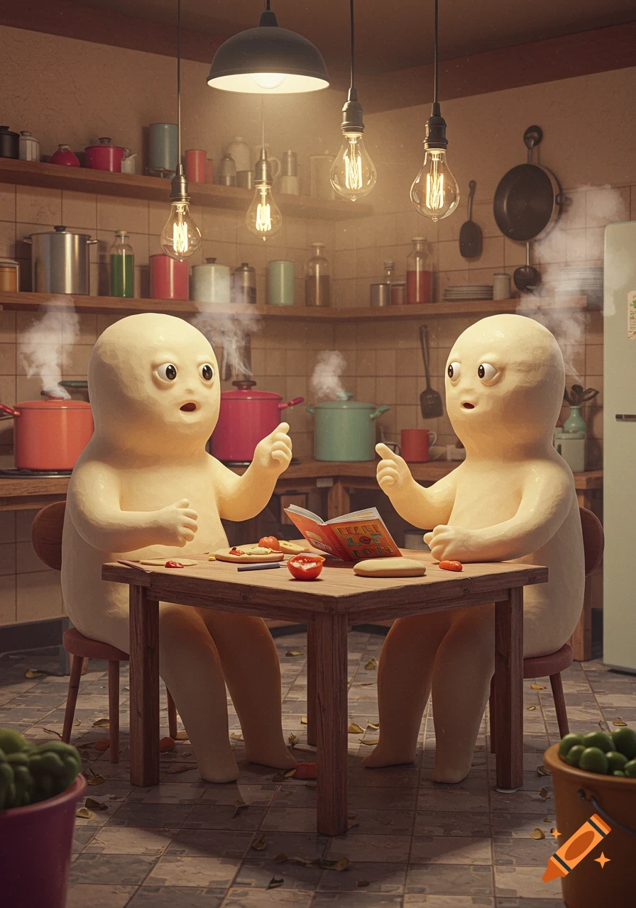Two pale, dough-like characters with wide eyes sit at a kitchen table discussing a cookbook, with pots steaming in the background.