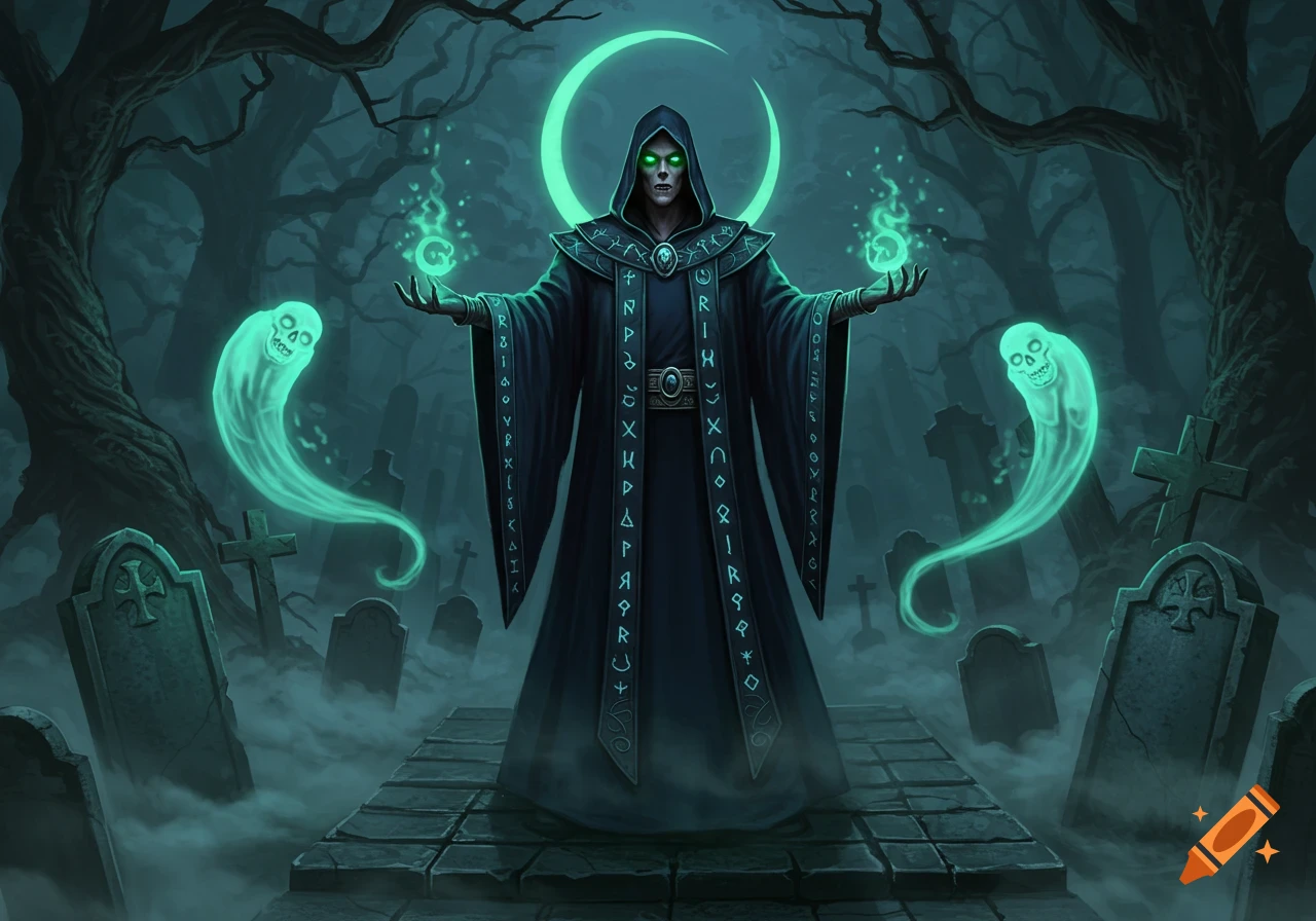 A hooded necromancer with glowing green eyes and hands stands in a misty graveyard under a green crescent moon, summoning two skull-faced ghosts.