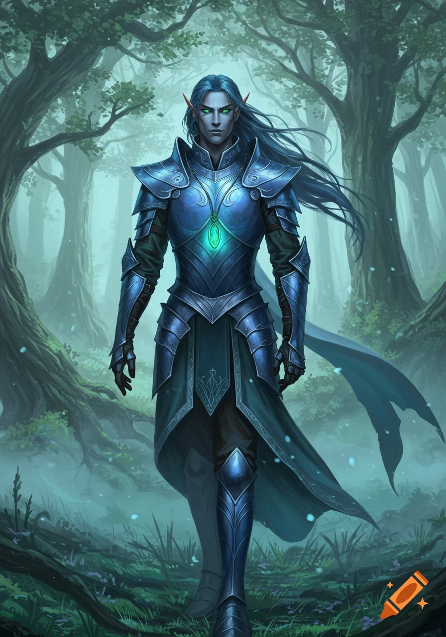 A tall male elf with long blue hair and glowing green eyes stands in blue armor in a misty fantasy forest.