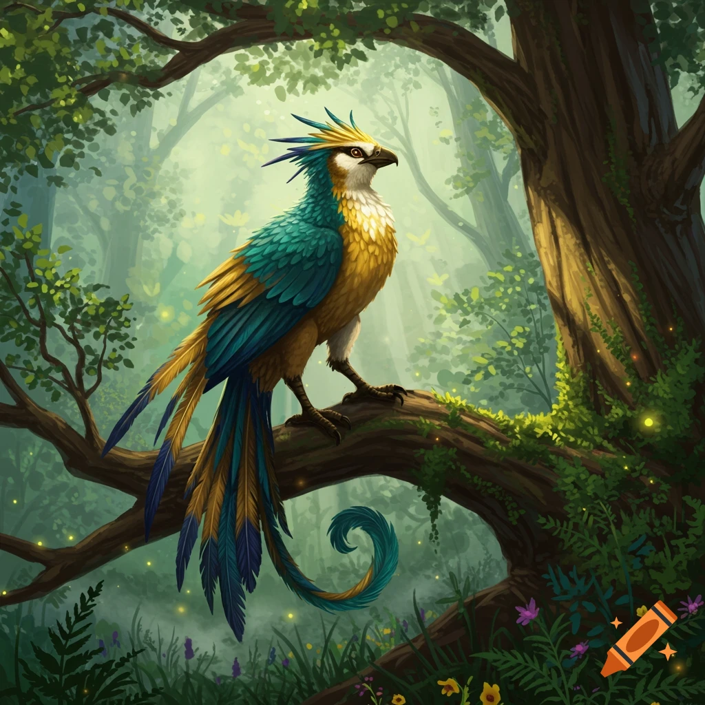 A vibrant fantasy bird with blue, gold, and white feathers perches on a tree branch in a sunlit, mystical forest.