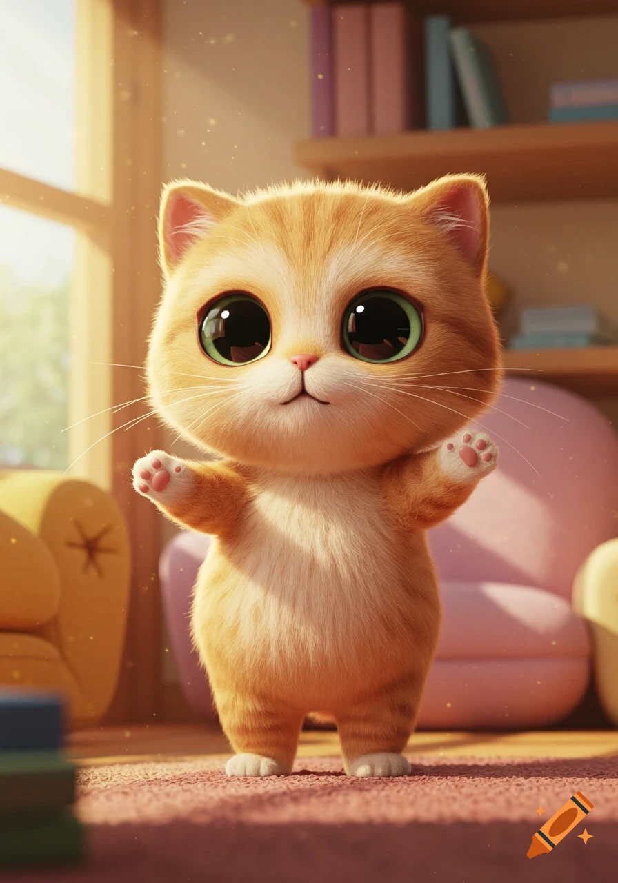A fluffy orange kitten with big green eyes stands in a sunny, warm room in a Pixar-style animation.