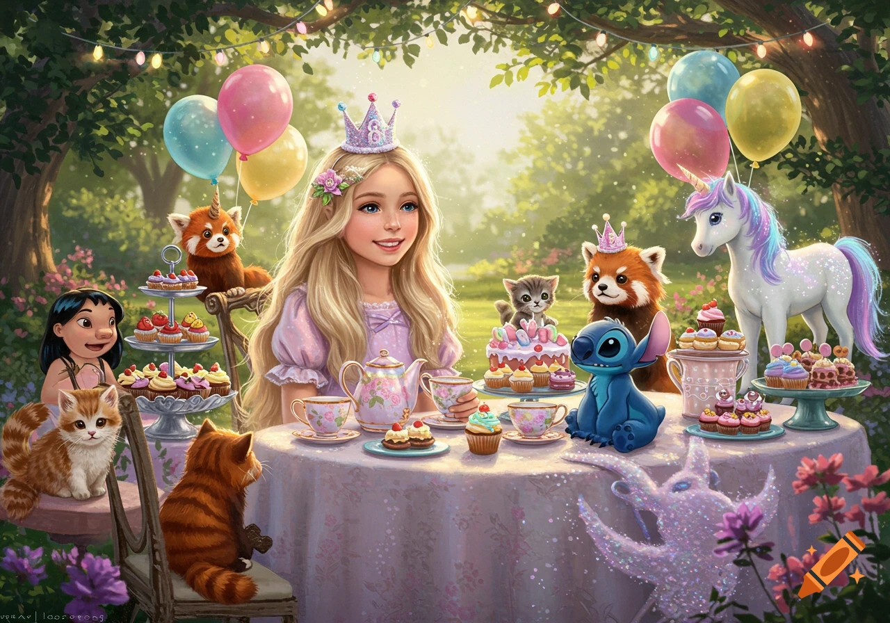 A magical birthday tea party in a sunny garden with a blonde girl, a unicorn, Stitch, red pandas, and kittens, surrounded by cakes and balloons.