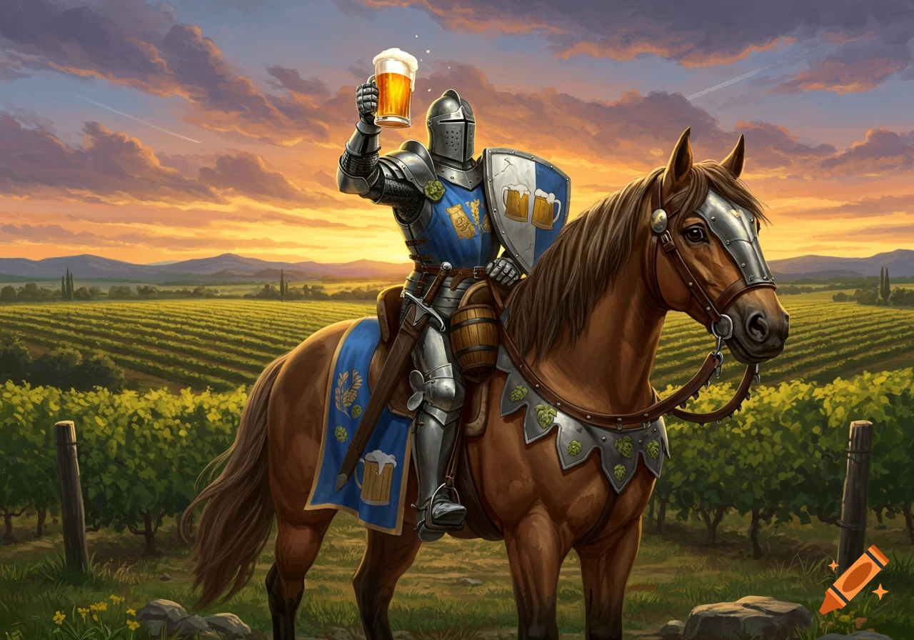 A knight in full armor, riding a horse through a vineyard at sunset, raises a foamy beer stein in triumph.