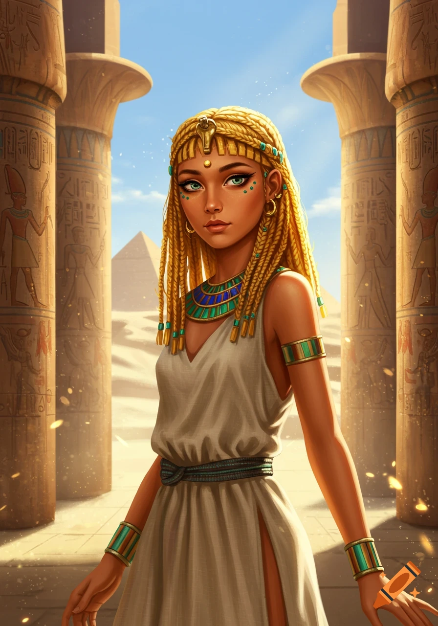 A stylized young woman with golden braided hair and Egyptian jewelry stands between hieroglyph-covered pillars in a desert with pyramids.