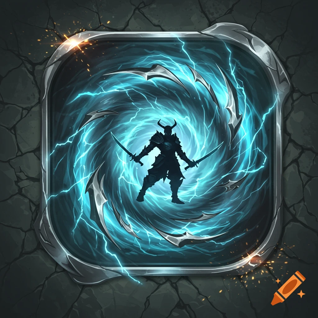 A dark silhouette of a horned warrior wielding two swords, surrounded by a swirling blue lightning vortex, set within a cracked metal frame, in an RPG icon style.