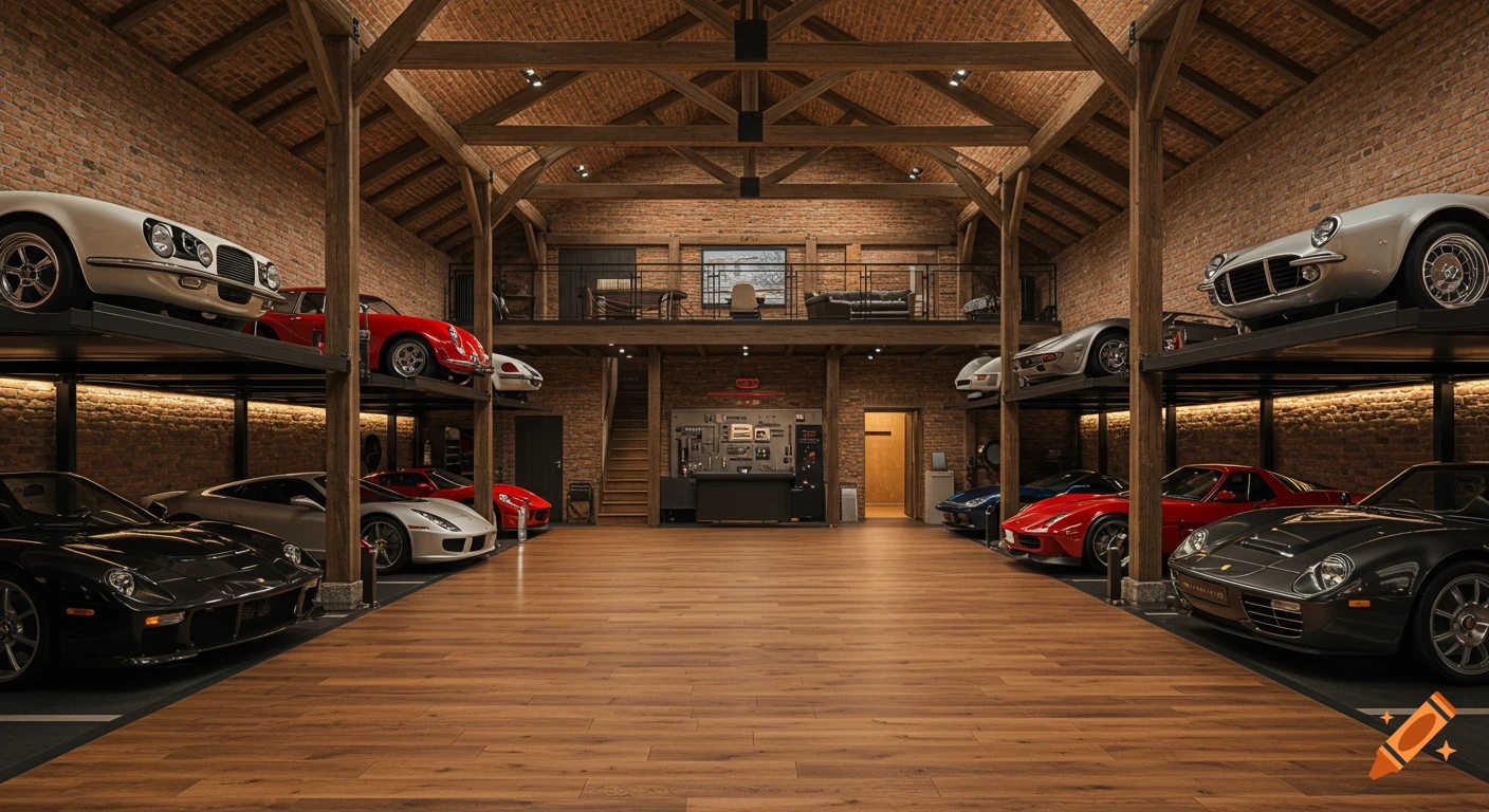 A photorealistic view of a rustic supercar garage in a red brick barn, showcasing numerous classic and modern cars on two levels, with a workshop and mezzanine.