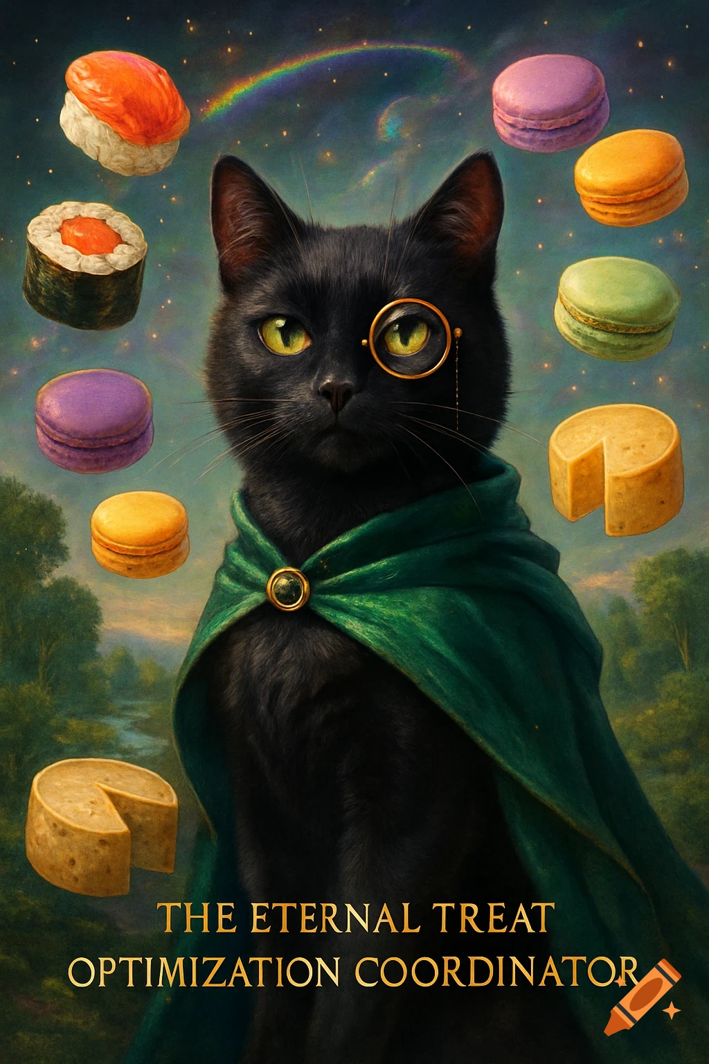 A whimsical portrait of a black cat in a green cape and monocle, surrounded by floating sushi, macarons, and cheese, against a starry, rainbow sky. Text reads 'THE ETERNAL TREAT OPTIMIZATION COORDINATOR'.