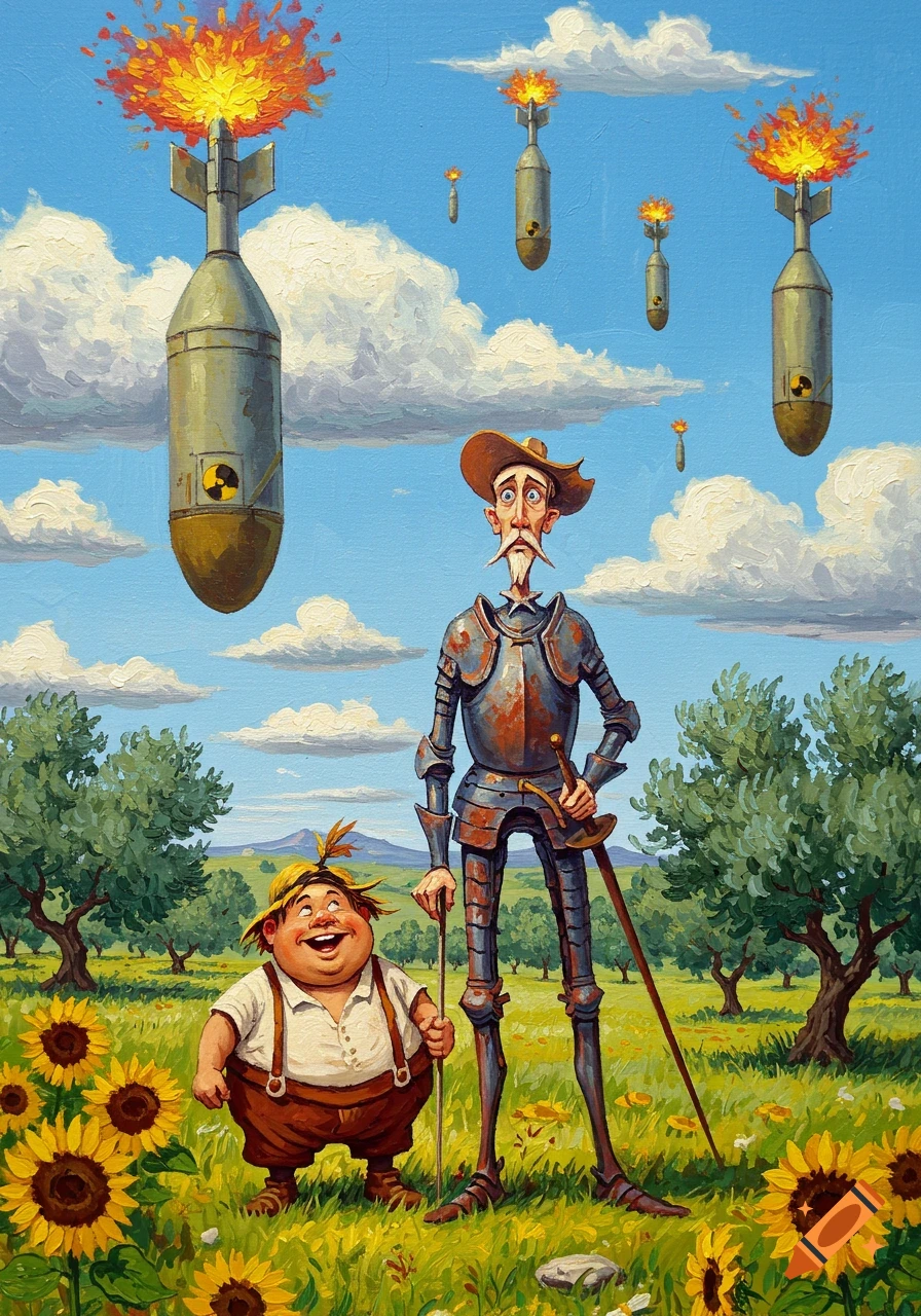 An impressionist caricature of a tall, thin Don Quixote and a short, stout Sancho Panza in a field of sunflowers and olive trees. Above them, bombs fall from a blue sky, some exploding in bursts of fire, with one large bomb featuring a radiation symbol. Both characters look stunned.