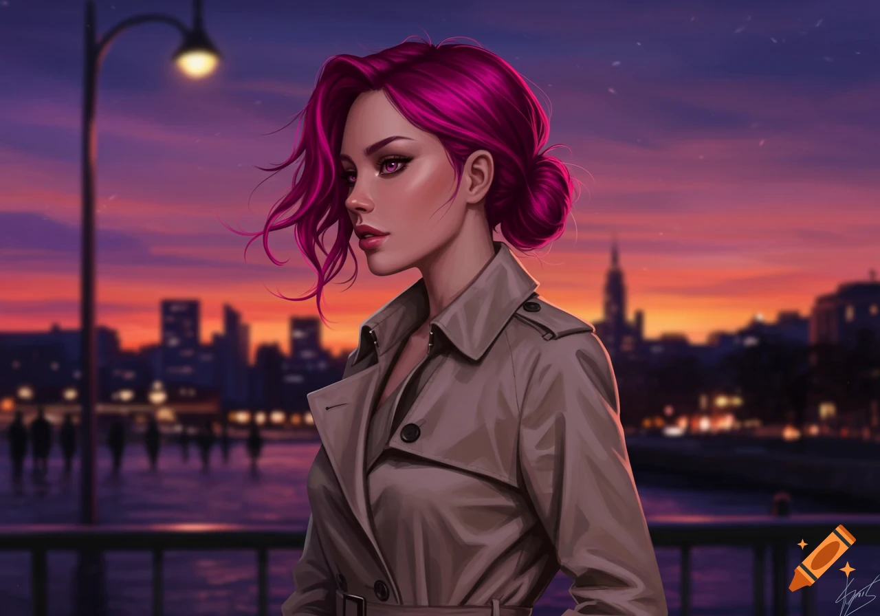 A digital art portrait of a woman with magenta hair in a low bun, wearing a trench coat, against a sunset city skyline.