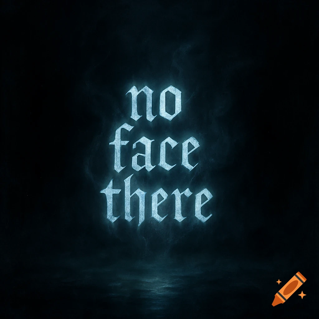 Glowing blue gothic text 'no face there' centered on a dark, smoky background with reflections.