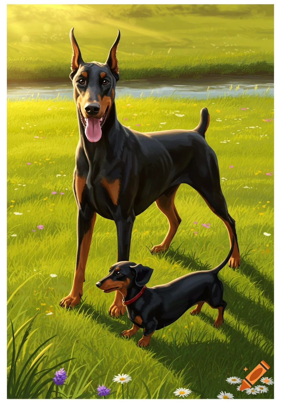 An illustration of a Doberman and a Dachshund standing in a sunny, green field with wildflowers next to a pond.