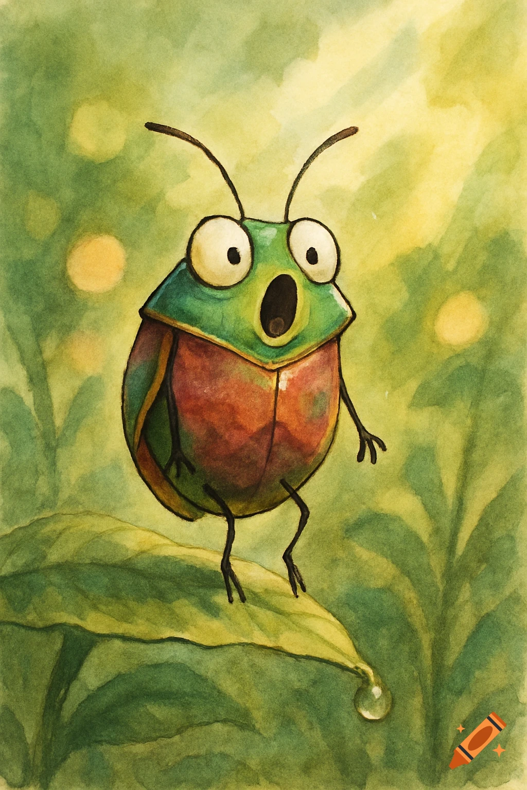 A wide-eyed cartoon shield bug with an open mouth stands on a green leaf with a water droplet, in a watercolor illustration style.