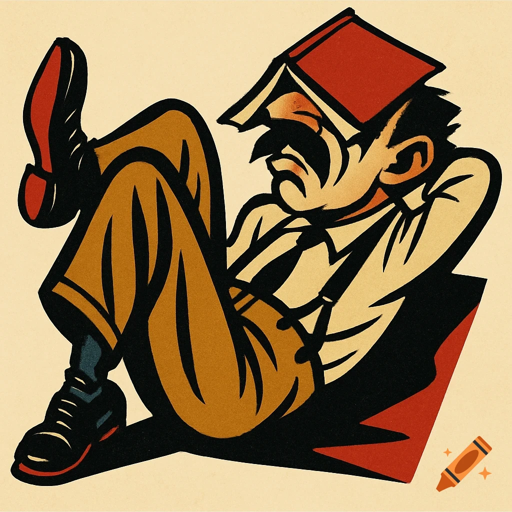 A vintage-style illustration of a man in 1920s attire lying down with a red book covering his face.