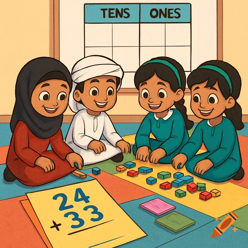 Four smiling cartoon children in Emirati dress sit on a colorful floor, using counting cubes and a worksheet for a math lesson, with a tens and ones chart behind them.
