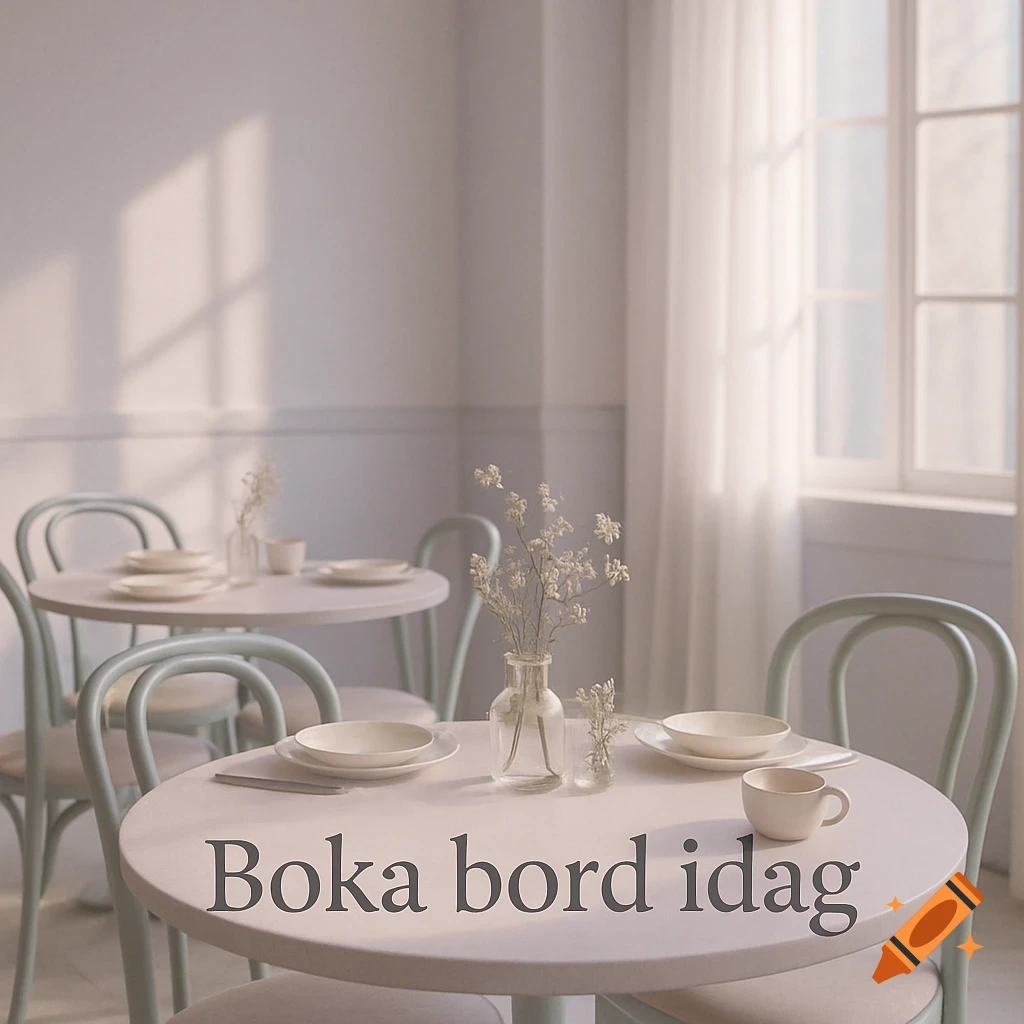 A bright, minimalist cafe interior with pastel tables and chairs, set with dishes and flowers, featuring the text 'Boka bord idag'.