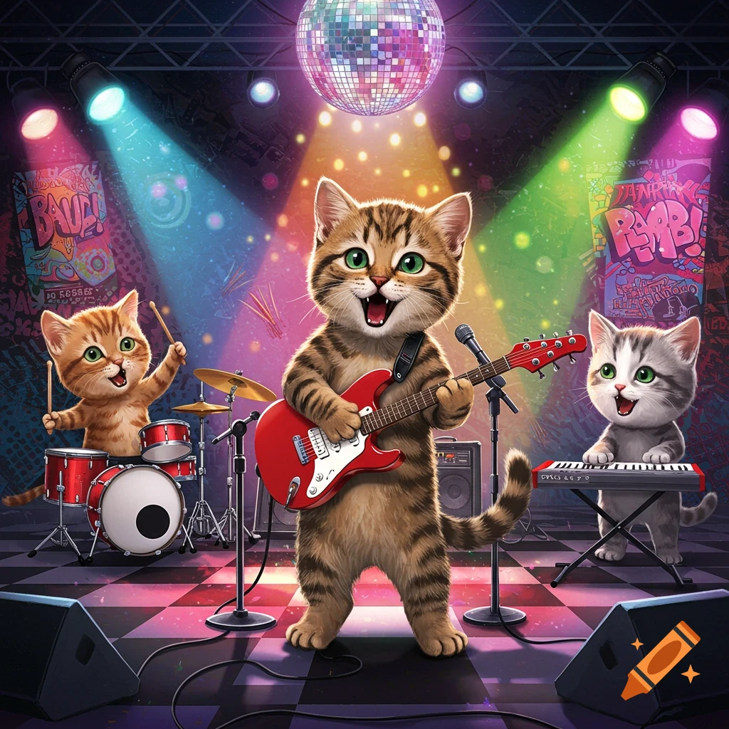 Three cartoon kittens enthusiastically playing rock music on a brightly lit stage with a disco ball.