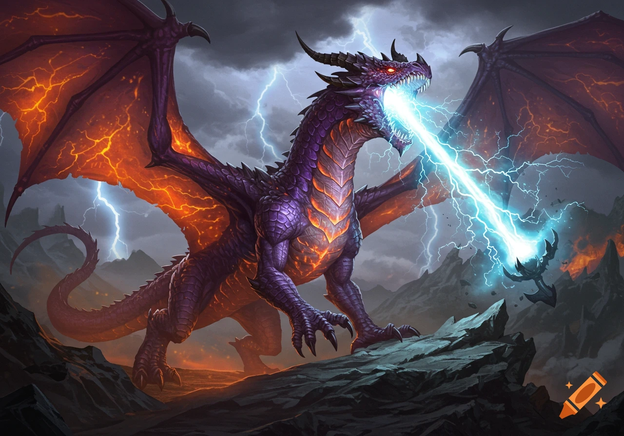 A majestic purple dragon with glowing orange wings and chest scales stands on a rocky peak, breathing a powerful blue plasma beam amid a stormy, lightning-filled sky.