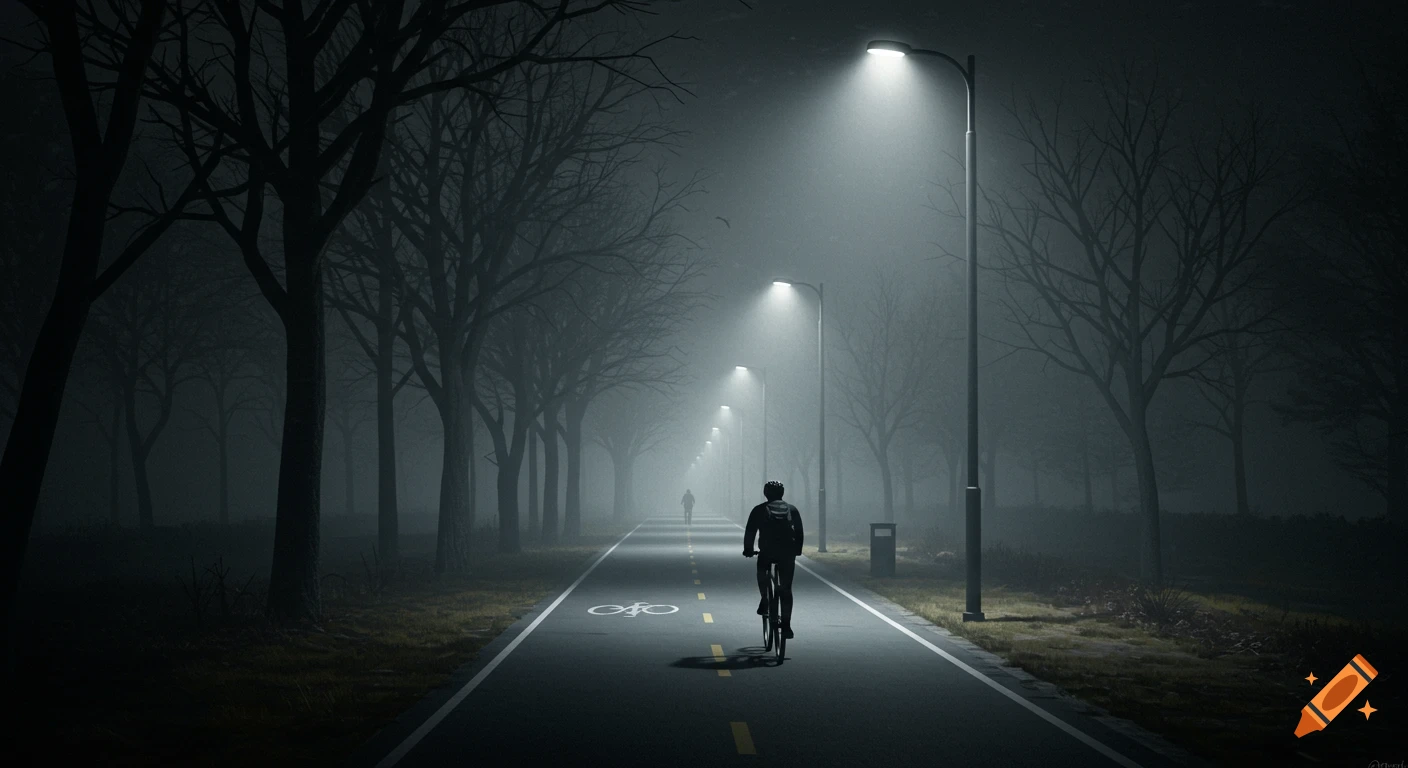 A lone cyclist rides down a misty, dark forest path lined with streetlights and bare trees, creating a gloomy atmosphere.