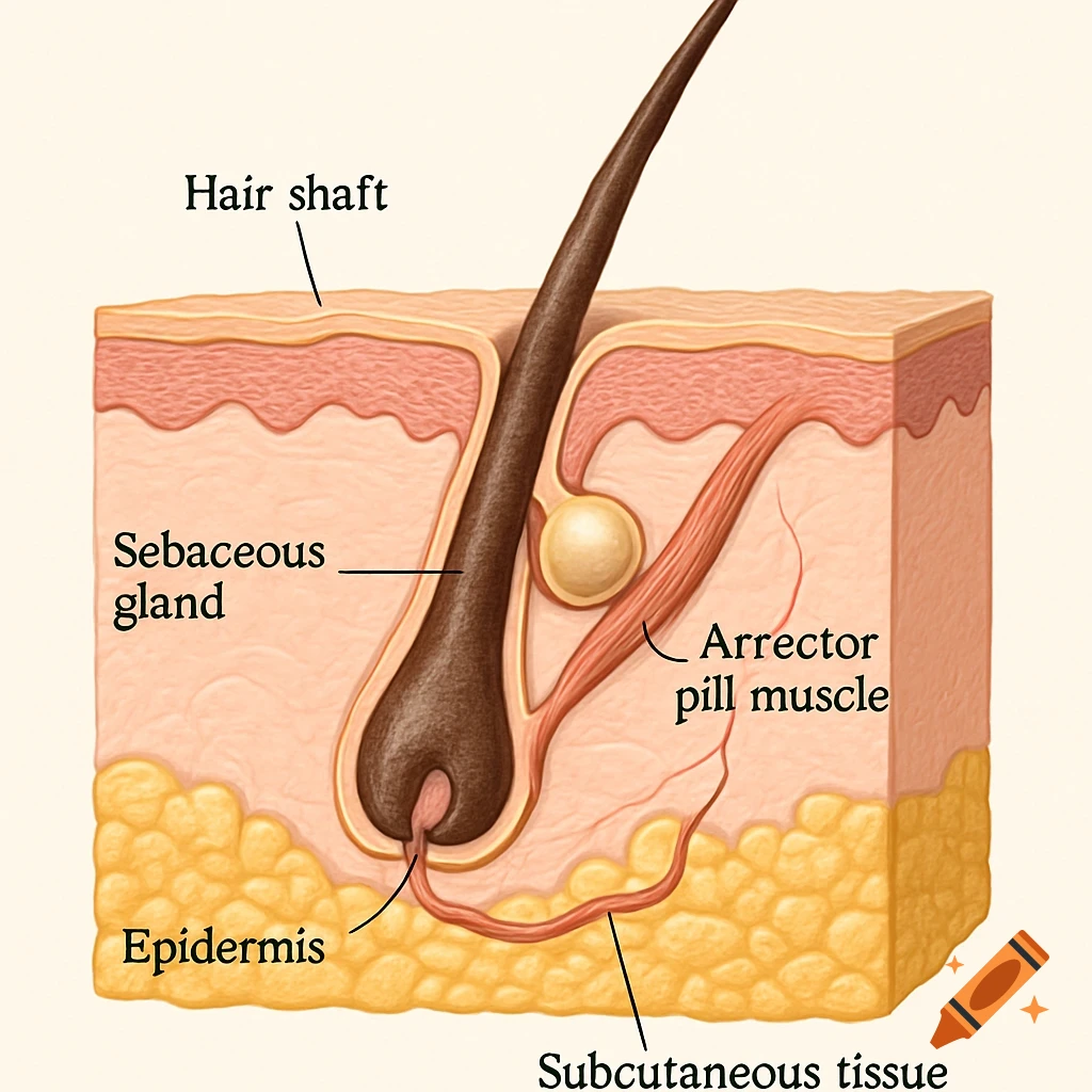 Detailed medical illustration of a hair follicle showing the hair shaft, sebaceous gland, arrector pili muscle, epidermis, and subcutaneous tissue.
