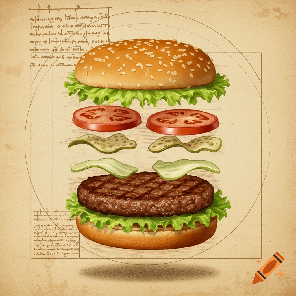 A deconstructed burger with floating layers of bun, lettuce, tomato, pickles, and patty on a vintage diagram background with faded script.