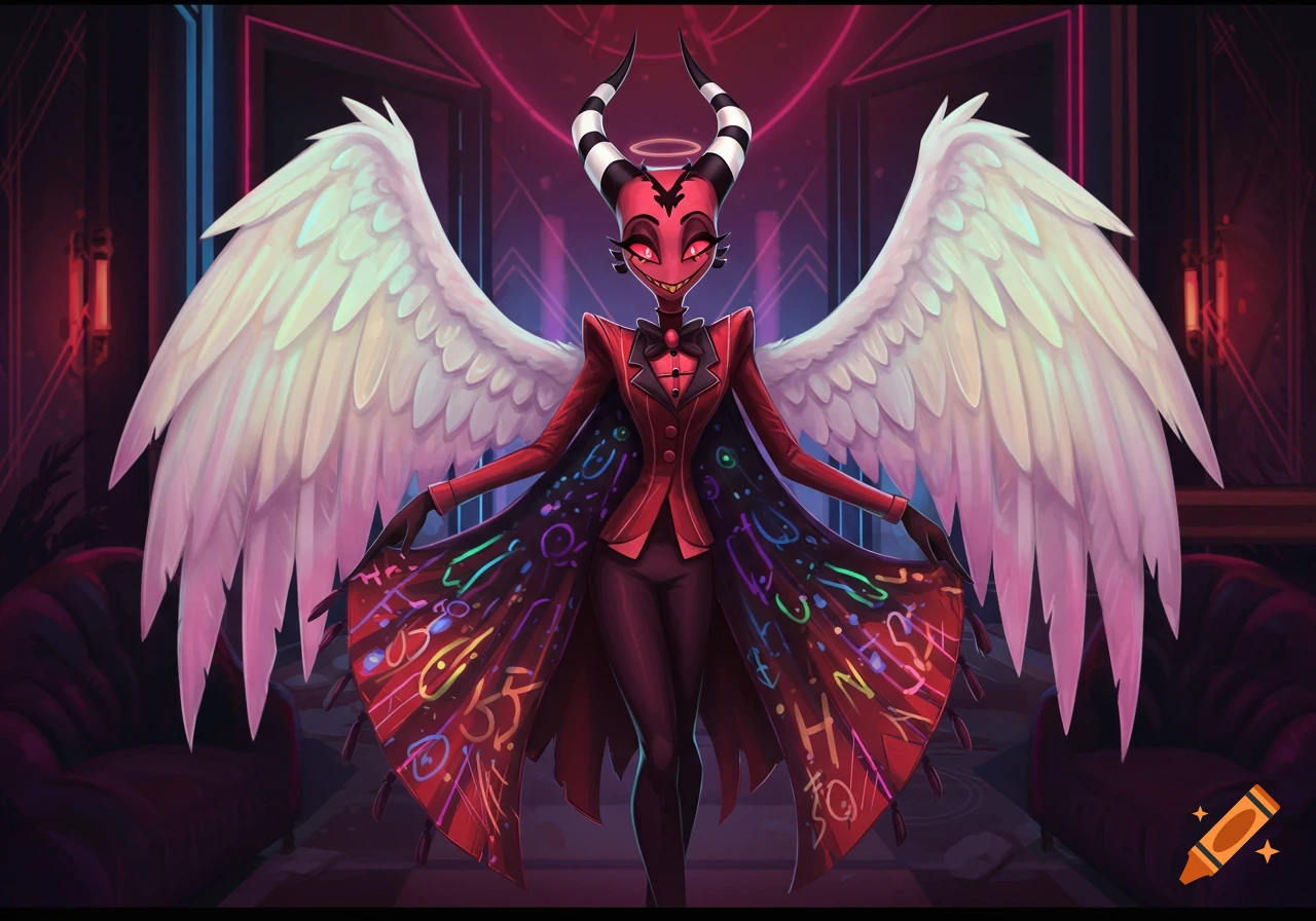 A demon-like character with red skin, horns, a halo, and large white wings, wearing a red suit with a long, patterned tailcoat, in a neon-lit room.