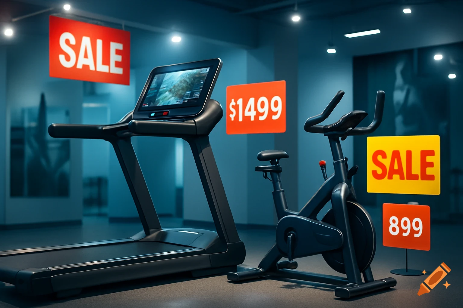 A modern black treadmill and stationary bike on sale in a brightly lit fitness equipment showroom.